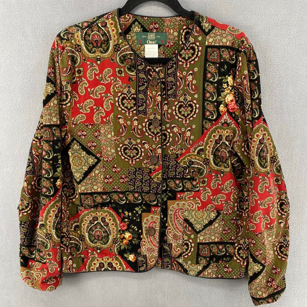 Vintage Orvis Corduroy Button Down Shirt Womens 12 Green Paisley Long Sleeve